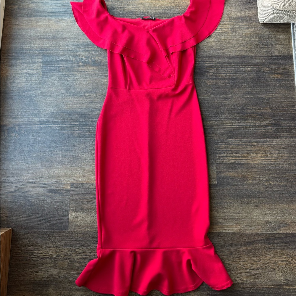 New Quiz Ruffle Bodycon Midi Red Dress Size Small